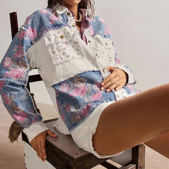 Multicolor Boho Women's Woven Patchwork Long Sleeve Loose Regular Jacket - Picture 7 of 7